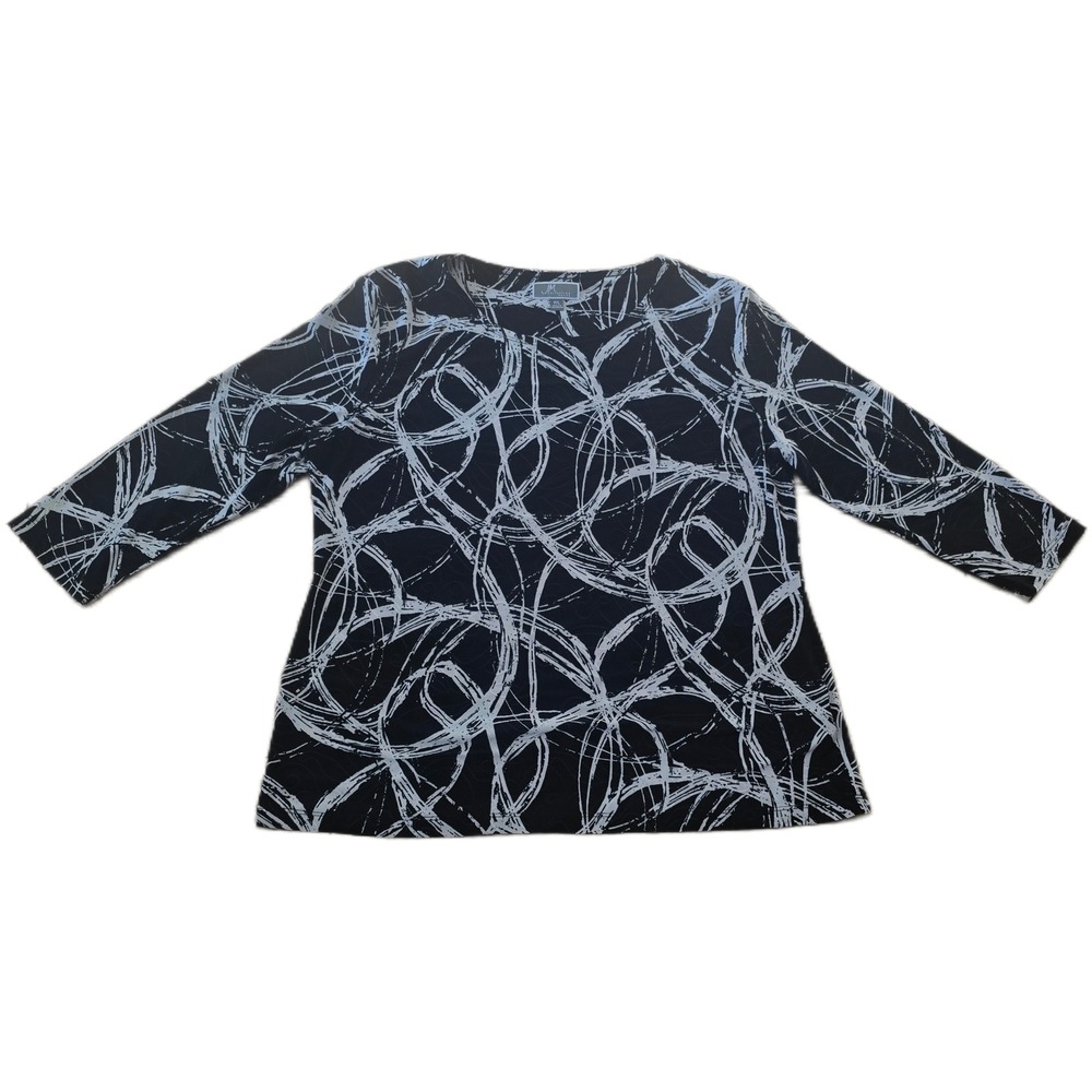 JM Collection Petite Black‎ White Abstract Swirl 3/4 Sleeve Top PL